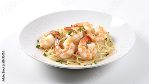 A plate of shrimp scampi with garlic and butter sauce on White Background with copy space for your text created with generative AI technology