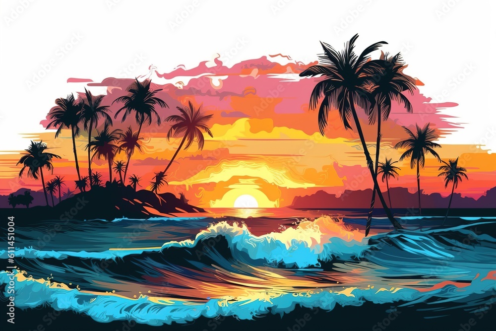 drawing of a beach with the sea and palm trees at sunset. Generated by AI.
