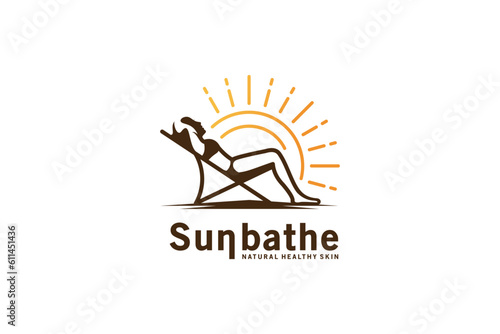 Woman sunbathing logo design, vector illustration of beautiful woman sitting relaxing on beach chair