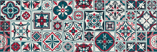 Collection of ceramic tiles in Turkish style. Seamless colorful patchwork of Azulejo tiles. Portuguese and Spanish decor. Islamic, Arabic, Indian, Ottoman motifs. Vector painted backgrounds.