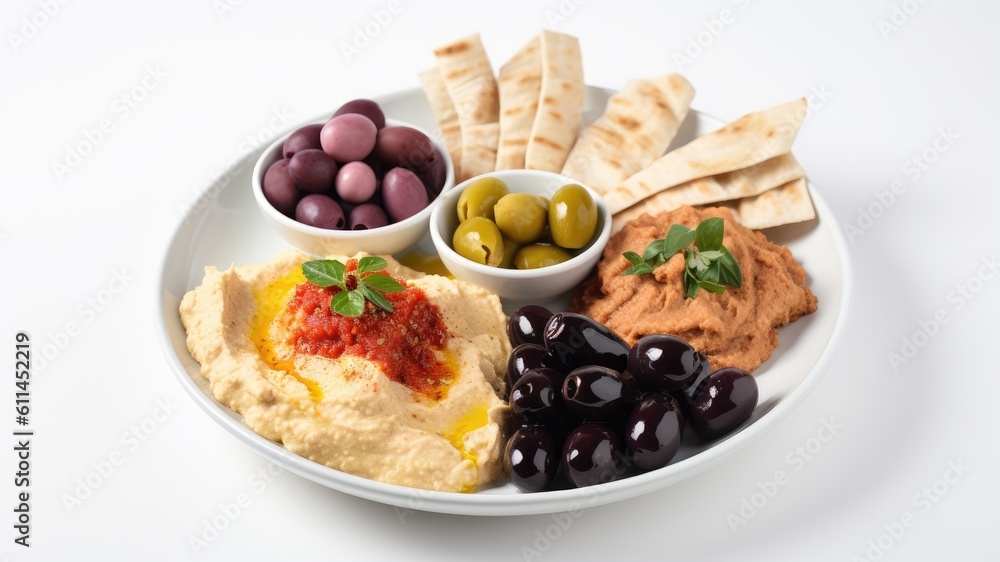 A colorful plate of Mediterranean mezze with hummus, olives, and pita bread on White Background with copy space for your text created with generative AI technology