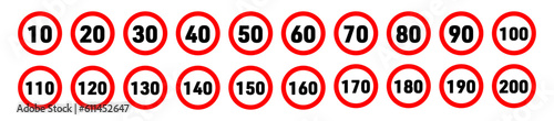 10 to 200 kmh or mph car speed limit sign set. maximum speed roadway signboard. photo