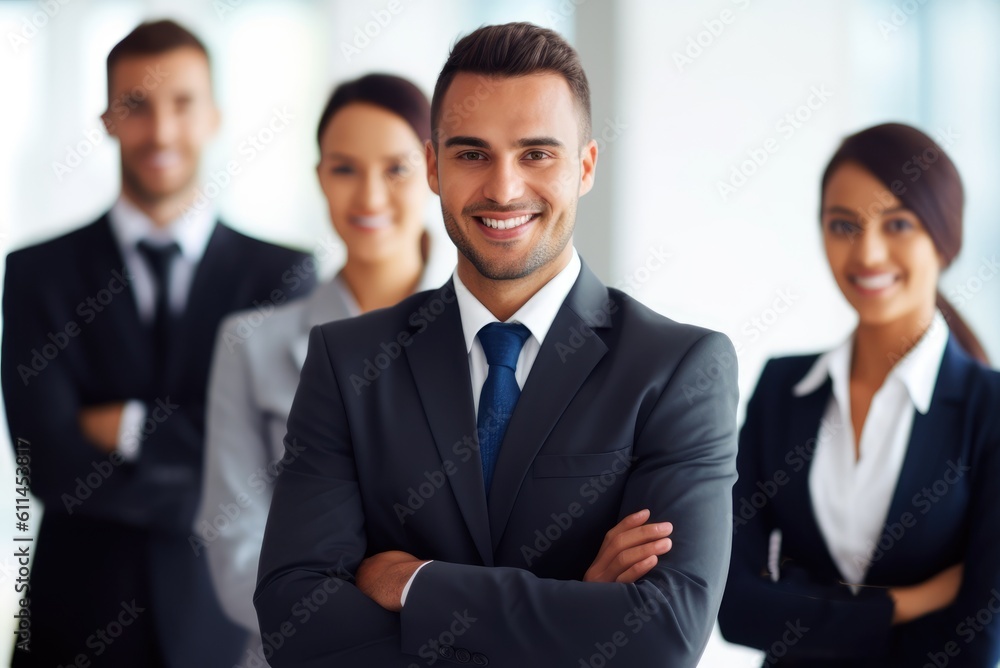 confident business team posing with it's leader at a corporate office. Generative AI confident business team posing with it's leader at a corporate office. Generative AI