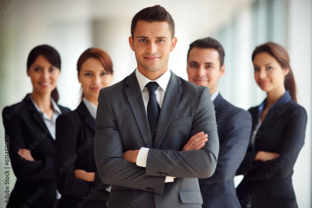confident business team posing with it's leader at a corporate office. Generative AI confident business team posing with it's leader at a corporate office. Generative AI