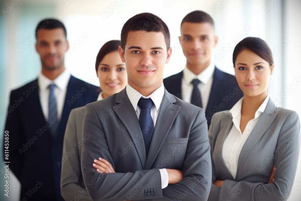 confident business team posing with it's leader at a corporate office. Generative AI confident business team posing with it's leader at a corporate office. Generative AI
