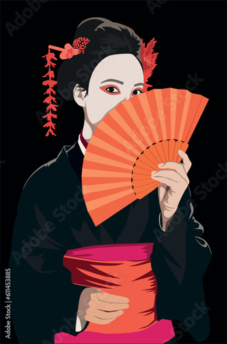 Portrait of a beautiful japanese geisha in traditional kimono with a fan