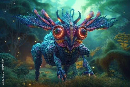 Cartoon fantasy monster in mystical forest. Vibrant colors, fantastic animal concept art. Generative AI