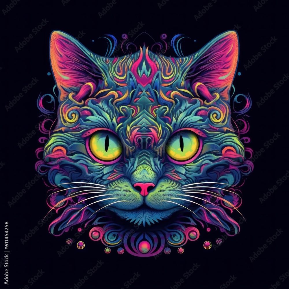 Cat's head in vibrant, deep colors on black background. Generative AI