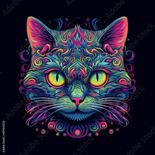 Cat s head in vibrant  deep colors on black background. Generative AI
