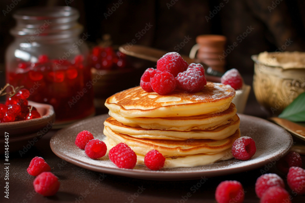 pancakes with raspberries and red currants on the tea table, close-up pancakes with raspberries and red currants on the tea table, close-up