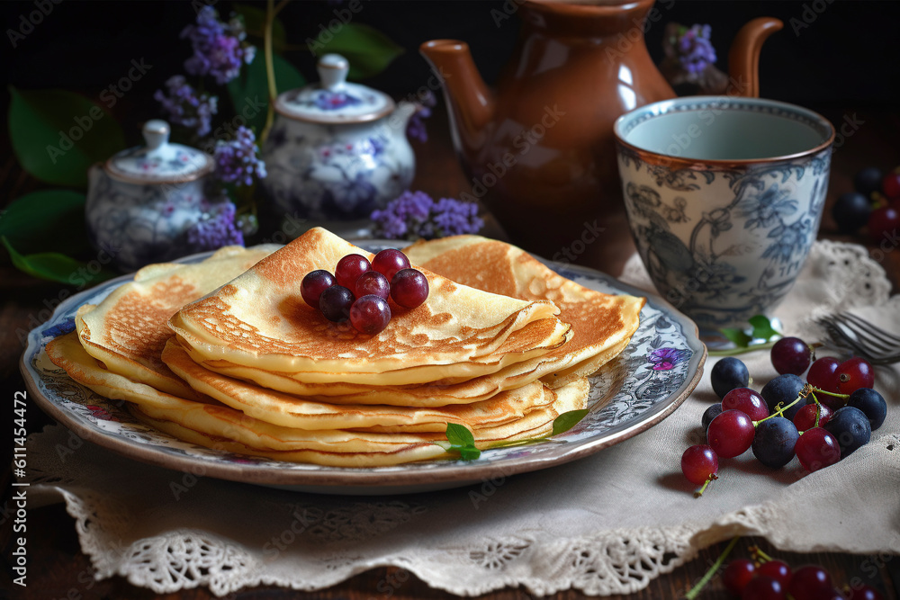 fresh pancakes with currant berries on the tea table decorated with lilac with a teapot and mug, close-up fresh pancakes with currant berries on the tea table decorated with lilac with a teapot and mug, close-up