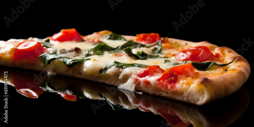 Leckere Pizza im Studio auf schwarzem Hintergrund mit Spiegelung am Boden, ein Stück saftige Pizza. ai generativ photo