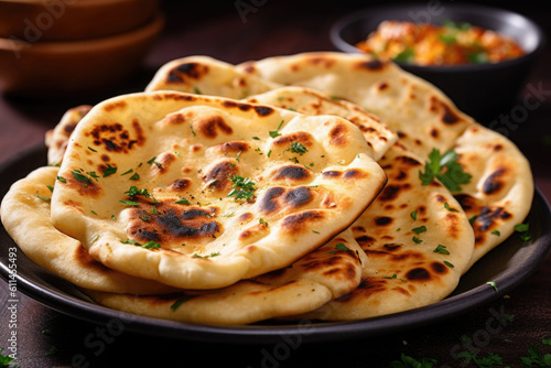 Indian naan bread in plate. Flatbread with parsley and spices. Indian cuisine. Created with Generative AI photo