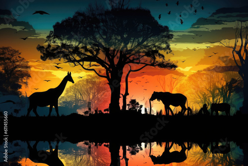 Silhouette of giraffes in African savannah. Wild animal at sunset natural background. Created with Generative AI