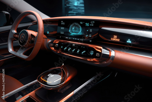 Futuristic interior of luxury car. Car cockpit with digital dashboard without driver. Created with Generative AI © Lazy_Bear