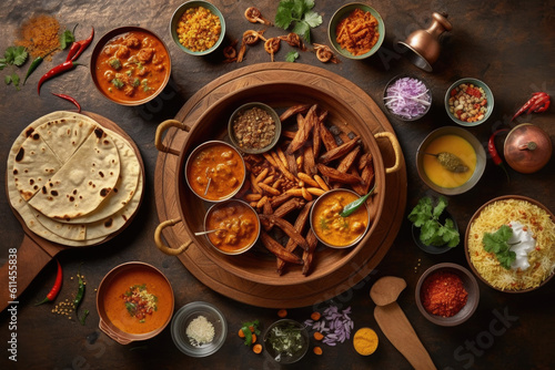 Traditional indian dishes, view from above. Top view of assorted indian cuisine food. Created with Generative AI