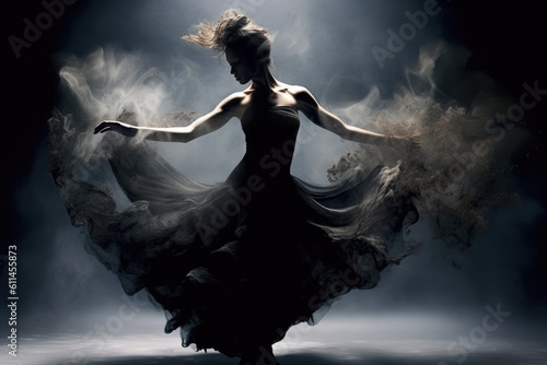 Beautiful ballerina dancing in the studio in magnetic powder and smoke. Generated AI