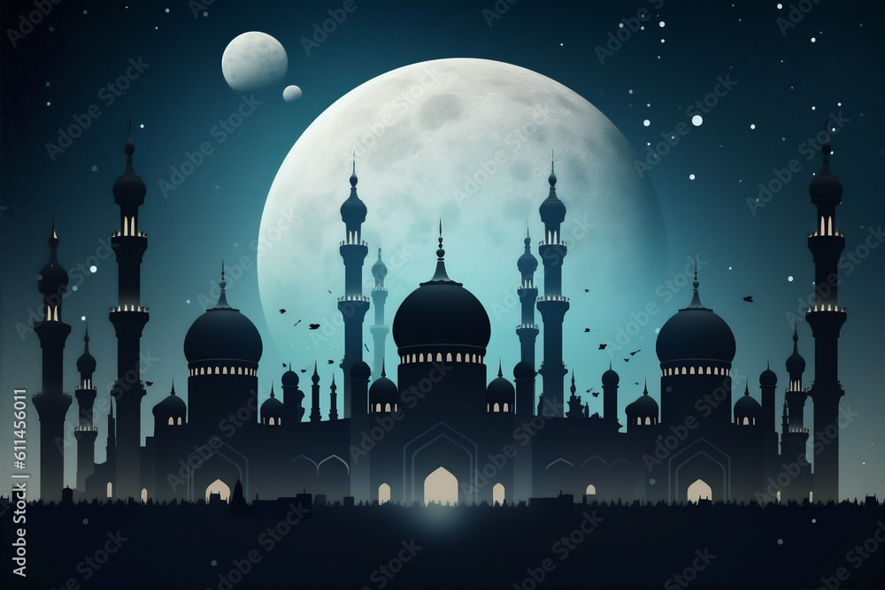 mosque ramadan arabic religion muslim moon islam architecture culture night. Generative AI.