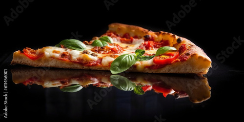 Leckere Pizza im Studio auf schwarzem Hintergrund mit Spiegelung am Boden, ein Stück saftige Pizza. ai generativ photo