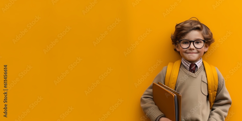 little boy smiling on a yellow background, school, back to school, education little boy smiling on a yellow background, school, back to school, education