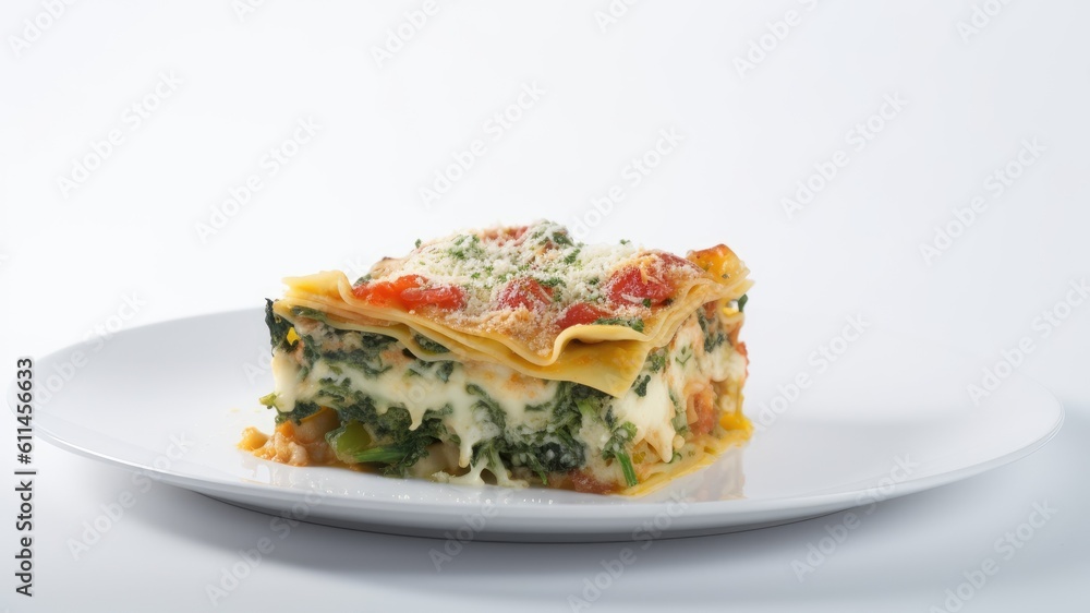 A plate of vegetable lasagna with spinach and ricotta cheese on White Background with copy space for your text created with generative AI technology A plate of vegetable lasagna with spinach and ricotta cheese on White Background with copy space for your text created with generative AI technology
