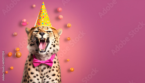 Fototapeta Naklejka Na Ścianę i Meble -  Creative animal concept. Cheetah in party cone hat necklace bowtie outfit isolated on solid pastel background advertisement, copy text space. birthday party invite invitation 