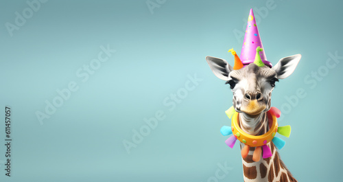 Fototapeta Naklejka Na Ścianę i Meble -  Creative animal concept. Giraffe in party cone hat necklace bowtie outfit isolated on solid pastel background advertisement, copy text space. birthday party invite invitation 