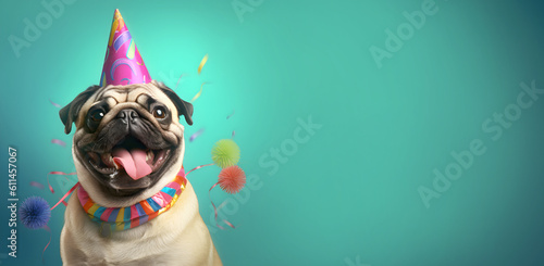 Fototapeta Naklejka Na Ścianę i Meble -  Creative animal concept. Pug dog puppy in party cone hat necklace bowtie outfit isolated on solid pastel background advertisement, copy text space. birthday party invite invitation 