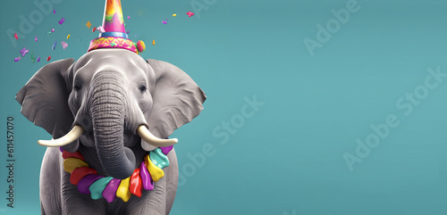 Creative animal concept. Elephant in party cone hat necklace bowtie outfit isolated on solid pastel background advertisement, copy text space. birthday party invite invitation 
