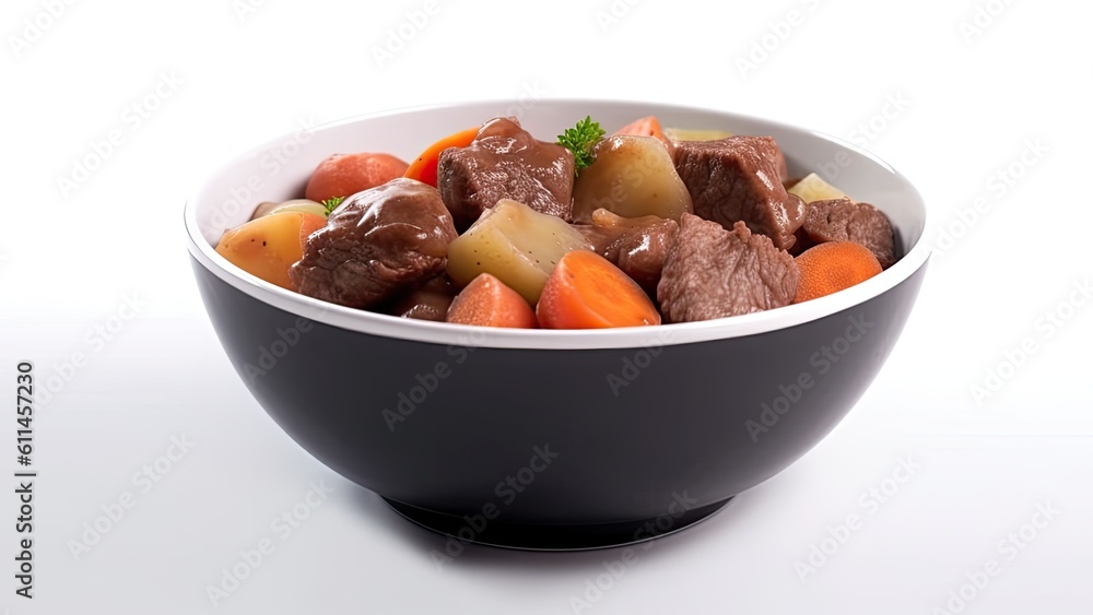 A warm bowl of beef and vegetable stew with potatoes and carrots on White Background with copy space for your text created with generative AI technology