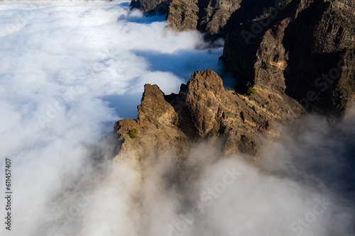 Aerial panoramic above the clouds at the beautiful Caldera de Taburiente National Park in La Palma - Canary Islands	 photo