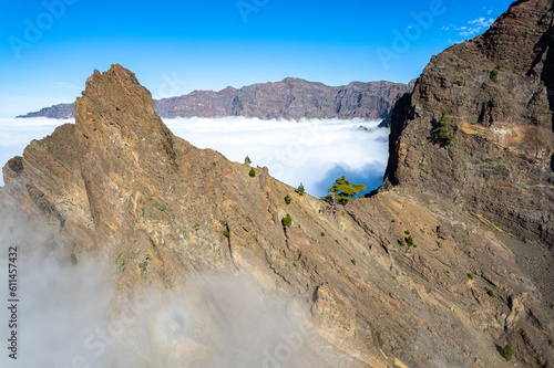 Aerial panoramic above the clouds at the beautiful Caldera de Taburiente National Park in La Palma - Canary Islands	 photo