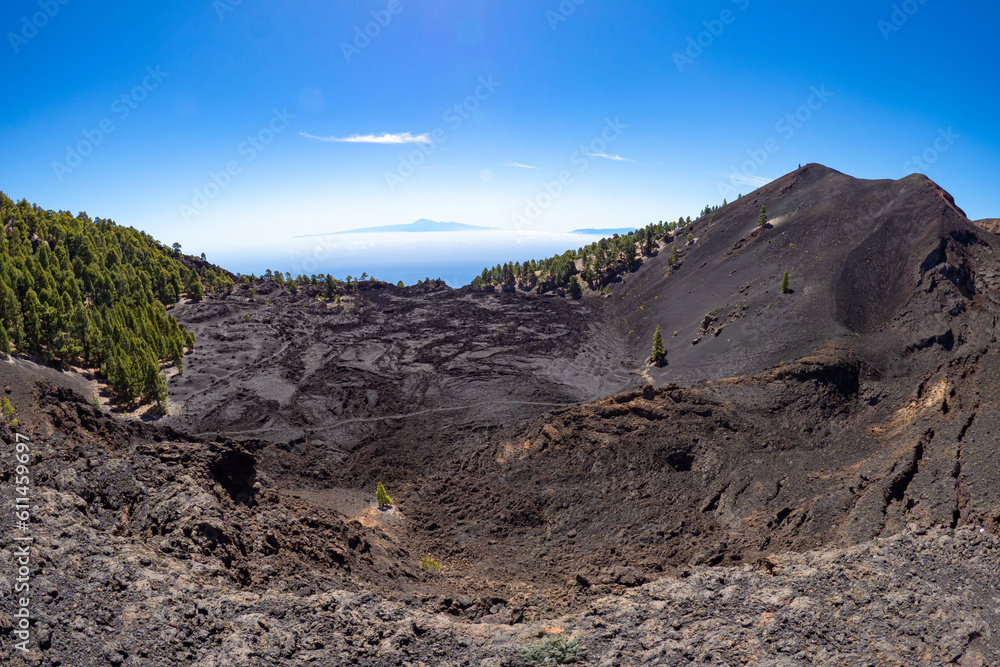 Volcanic landscape and hiking trails of the Cumbre vieja route of Volcano craters in south La Palma - Canary Islands