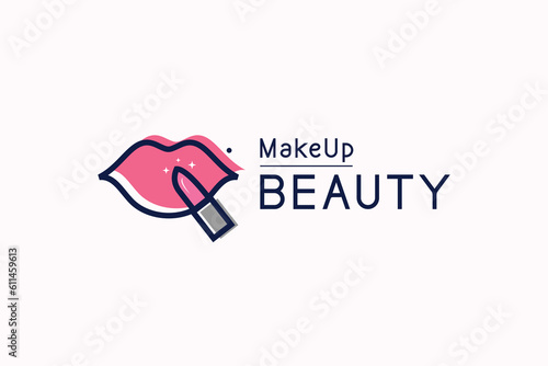 Makeup beauty logo design with lips and stick concept