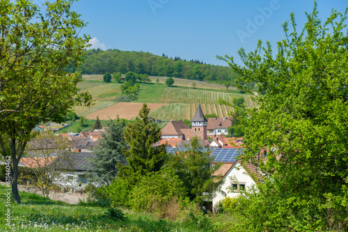 Ortsbild von Ranschbach mit Wallfahrtskirche Mariä Heimsuchung. Region Pfalz im Bundesland Rheinland-Pfalz in Deutschland