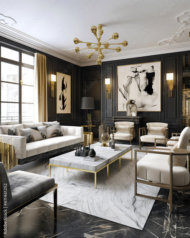 Art deco style interior design of modern living room with black wall ...