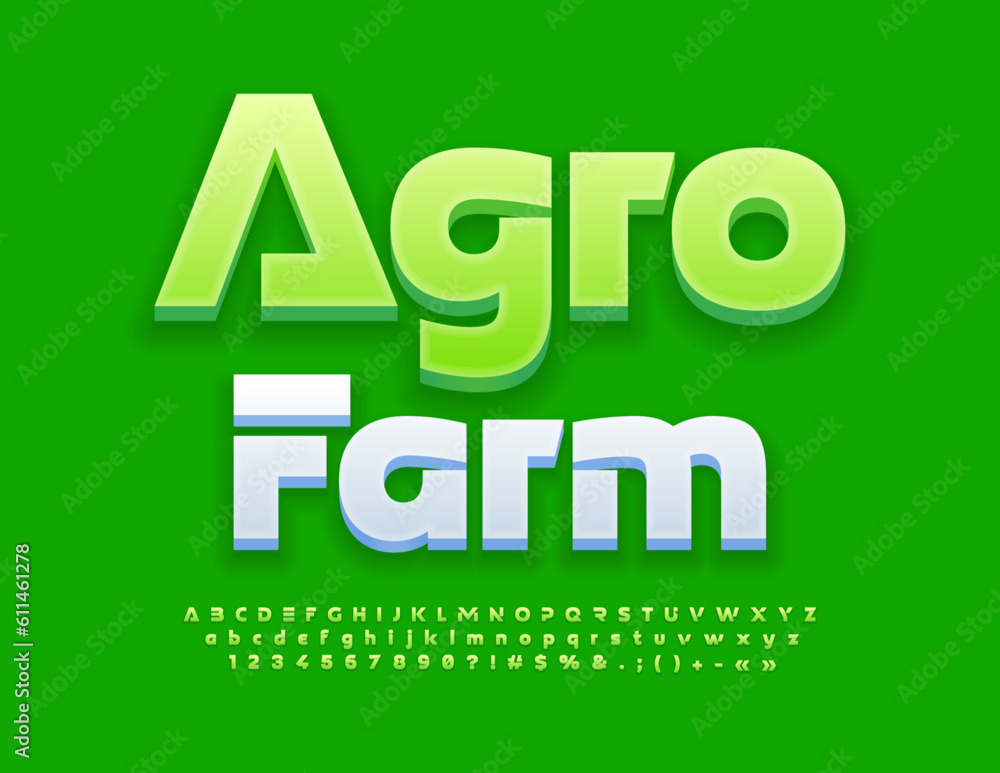 Vector creative logo Agro Farm. Unique Green Font. Set of futuristic Alphabet Letters, Numbers and Symbols Vector creative logo Agro Farm. Unique Green Font. Set of futuristic Alphabet Letters, Numbers and Symbols