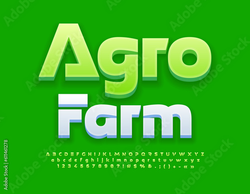 Vector creative logo Agro Farm. Unique Green Font. Set of futuristic Alphabet Letters, Numbers and Symbols