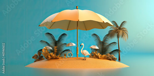 Travel tropical scene with umbrella and umbrella, in the style of light gold and azure , Travel concept