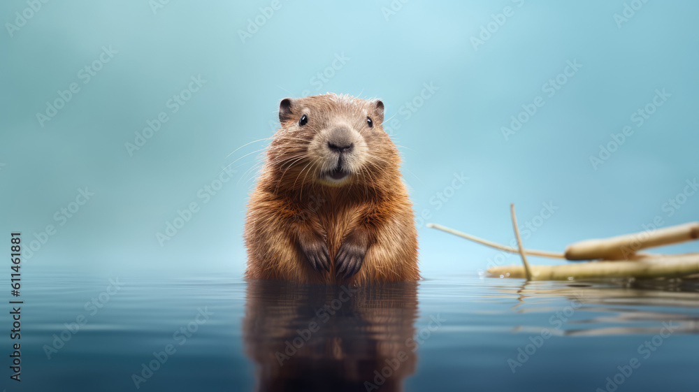 Advertising portrait, banner, serious beaver standing in the water looking to the camera isolated - obrazy, fototapety, plakaty 