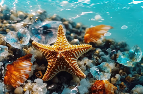 Travel beach starfish and shells on the blue pool water , Travel concept