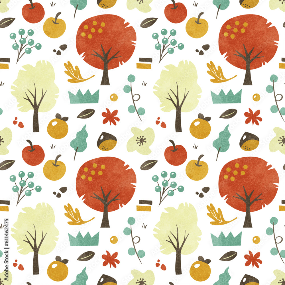 Obraz premium 秋の果物や木の実の背景パターン（レトロ＆水彩イラスト）