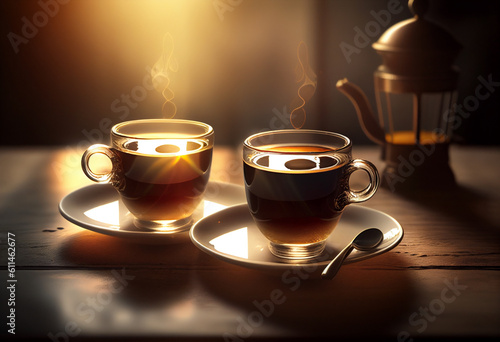 Two cups of aromatic coffee stand on the table and a ray of sunshine shines on them. AI Generated