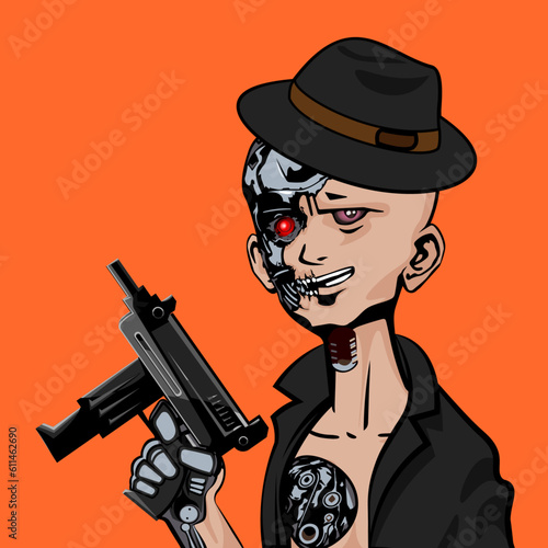 Caricature character of a partially damaged humanoid robot with an uzi in his hand