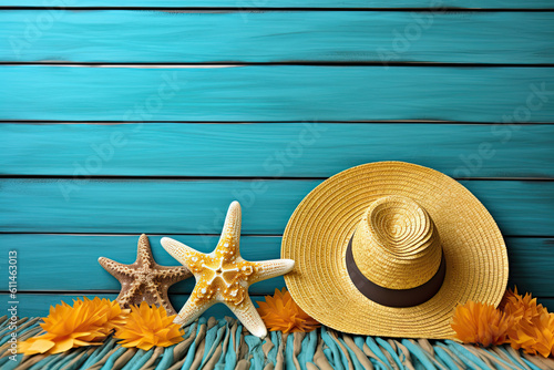 Travel golden beach hat, palm hat and other beach accessories set on wooden surface with starfish background, Travel concept