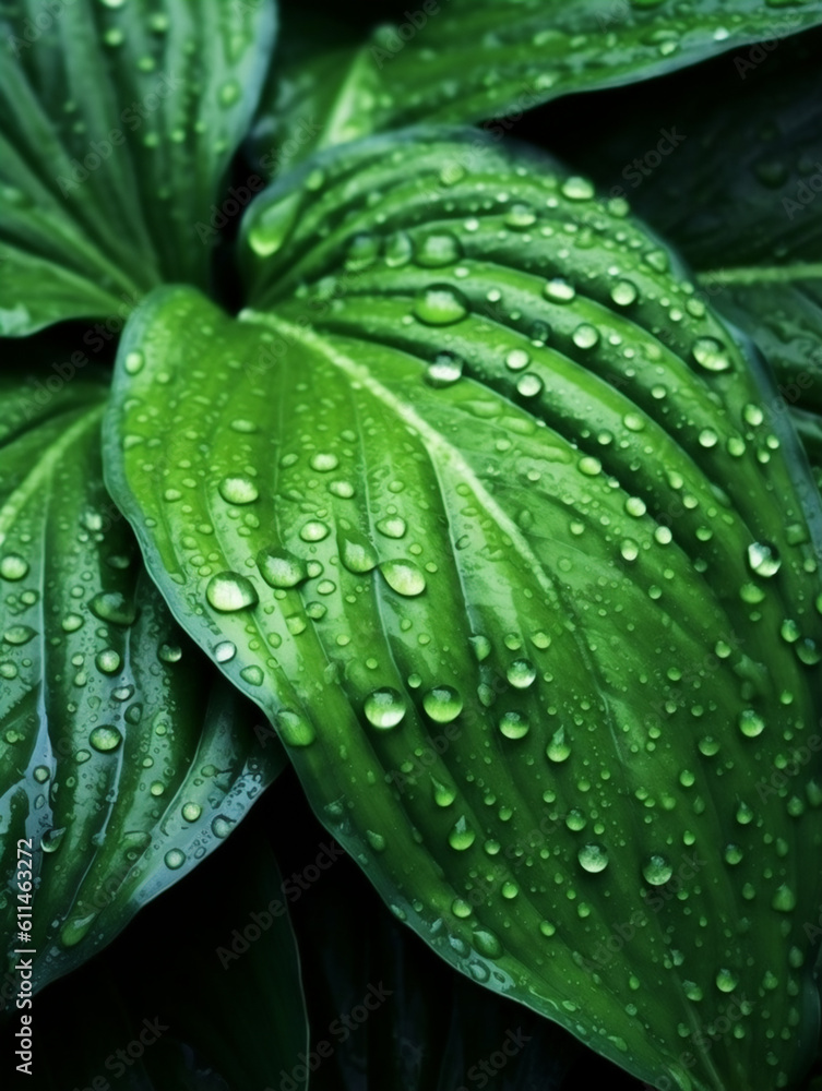 Obraz premium water drops on green leaf generative AI