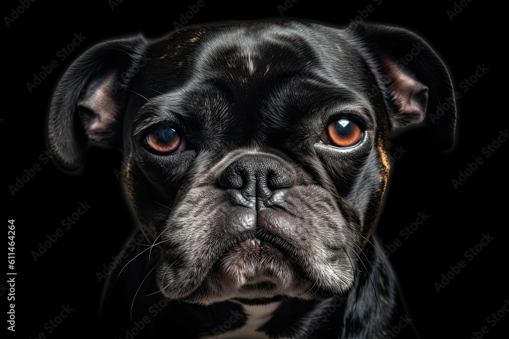 Close up portrait of a black dog on a black background. Funny dog disgusted face close up, AI Generated Close up portrait of a black dog on a black background. Funny dog disgusted face close up, AI Generated