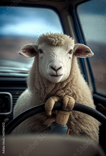 Sheep sitting behind the wheel of a car. AI Generated