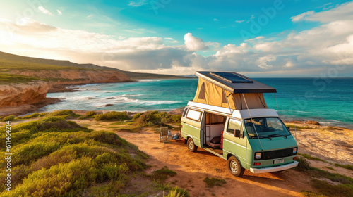 Camper van with roof top tent camping on mediterranean coast.  © Татьяна Прокопчук