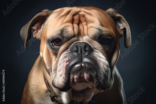 Portrait of a dog breed English Bulldog on a dark background, Funny dog disgusted face close up, AI Generated